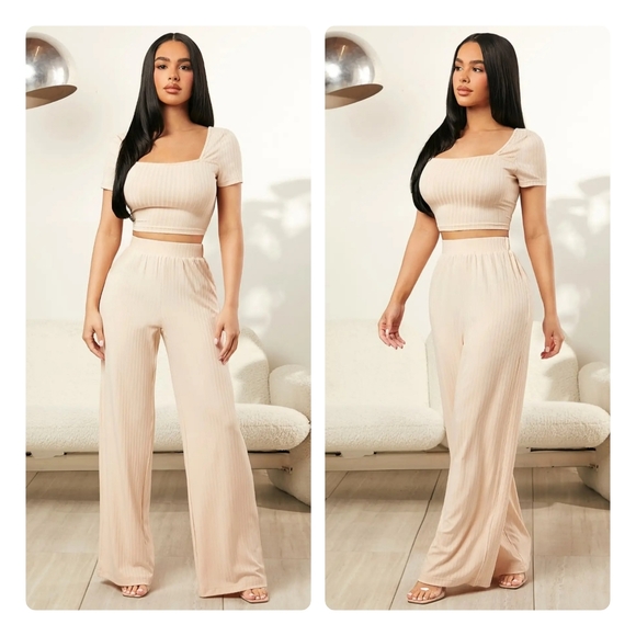 Cream Square Neck Top and Pants Set - Picture 1 of 5